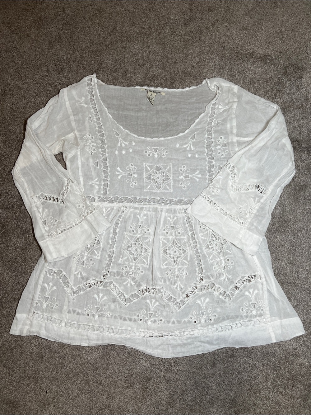 Lucky Brand Sheer White Cotton Embroidered Eyelet Long Sleeve Shirt Boho Small